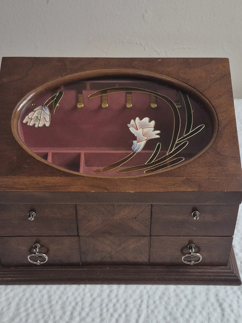 Vintage Wood Jewelry Box w/ Mirror, Floral Glass Lid, Drawers, Brown 11in 25+ pc